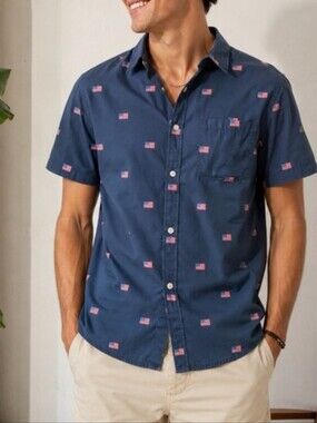 PacSun Navy Short-Sleeve Button-Down Pateitic 4th Of July Shirt Men Size M